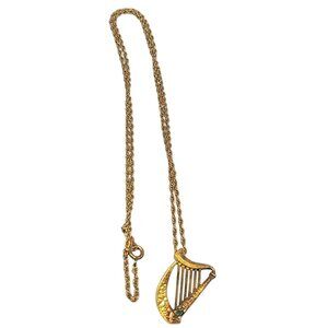 Franklin Mint 1982 Vermeil Harp Pendant Necklace Vitg Gold On Sterling Emerald
